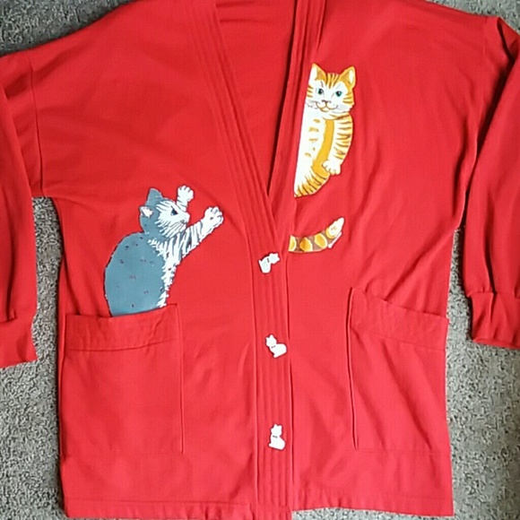 Linda Lori Tops - Vintage red cat cardigan size large.